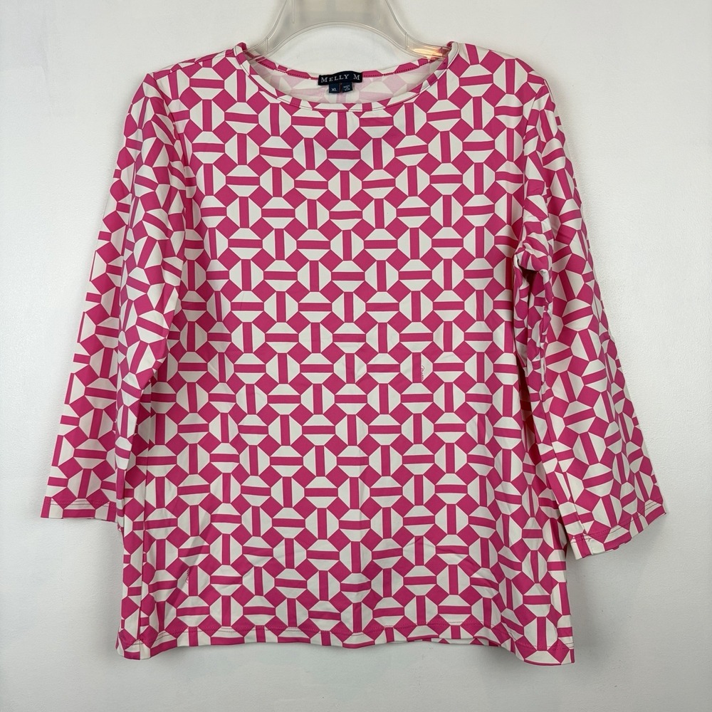 Melly M Top Womens XL Hot Pink White Print 3/4 Sleeve Shirt Stretch Made USA